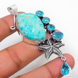 Handmade 925 Stamped Chrysocolla, Blue Topaz Gemstone Necklace.